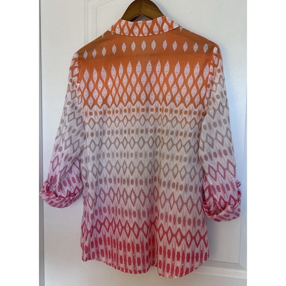 Chico's Size 2 Large Orange Pink Ombre Ikat Button Front Blouse Lightweight - Picture 5 of 5